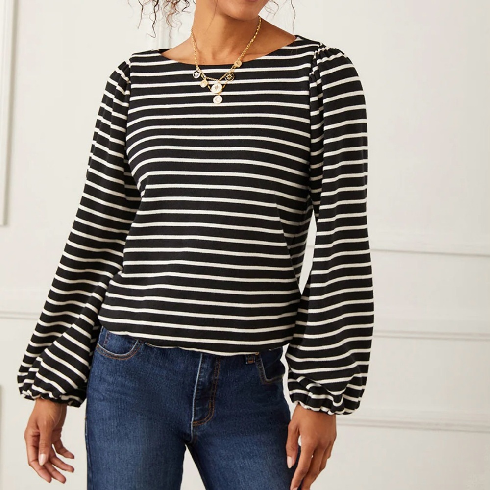 Karen Kane NWT Black & White Stripe Boatneck Top w/Bubble Hem & Puff Sleeves, XL